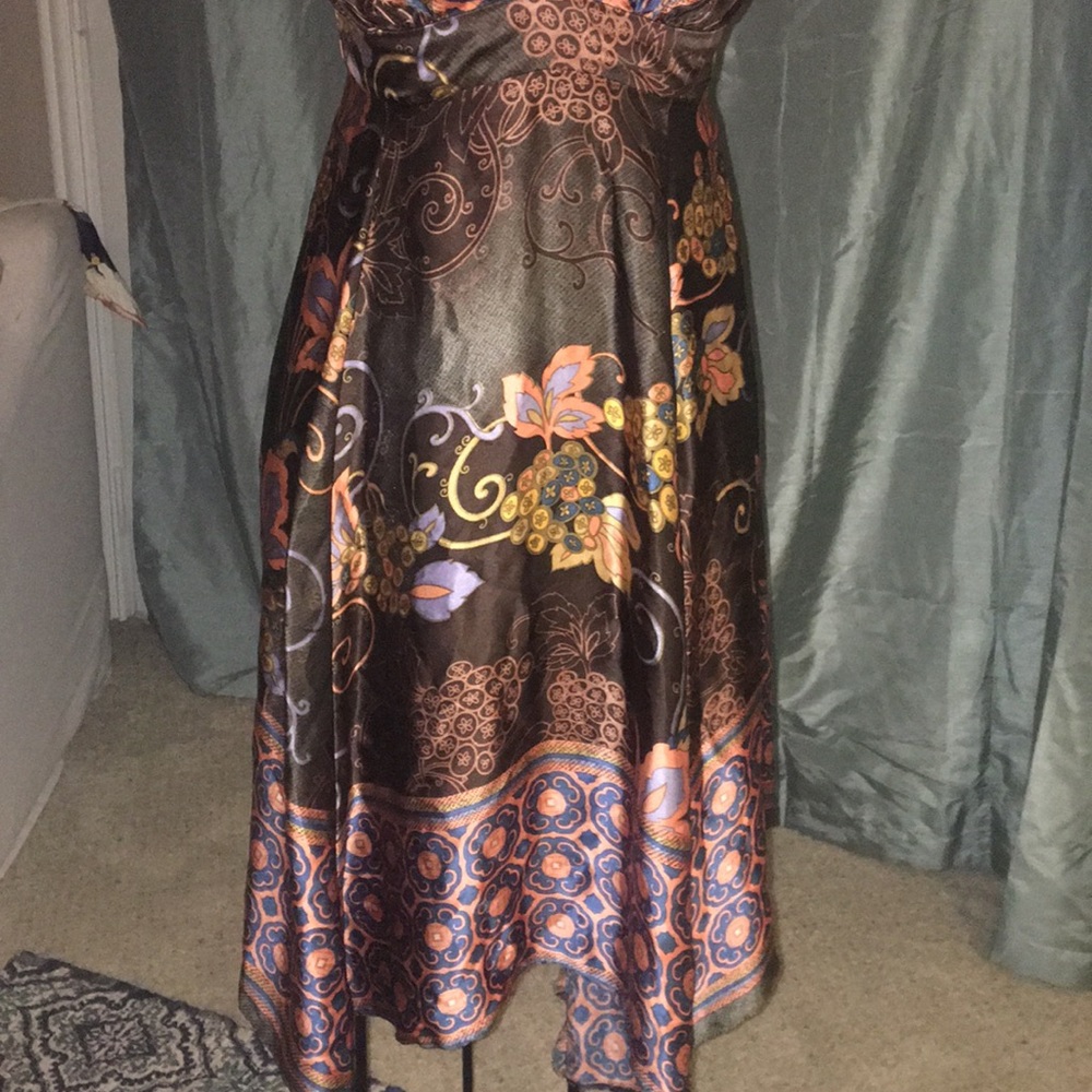 Single Dress boho brown silk print dress M - Picture 4 of 8